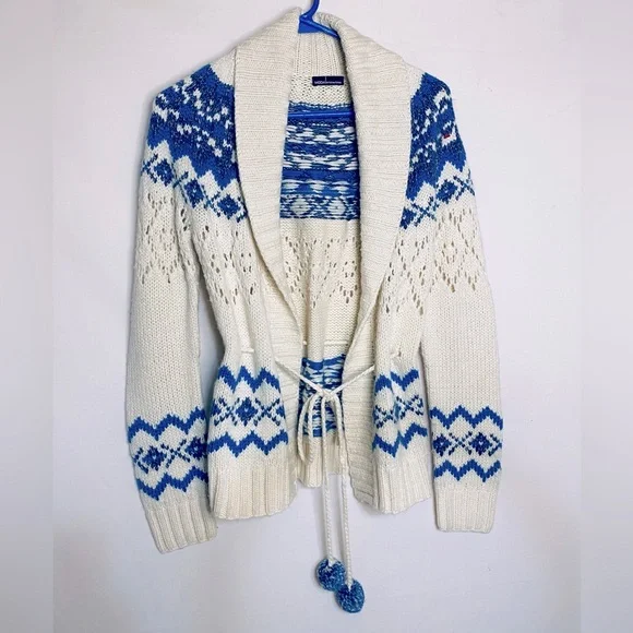Moda International Draw String Cardigan Sweater, Cream, Silver, Blue, Size XS - Picture 1 of 6